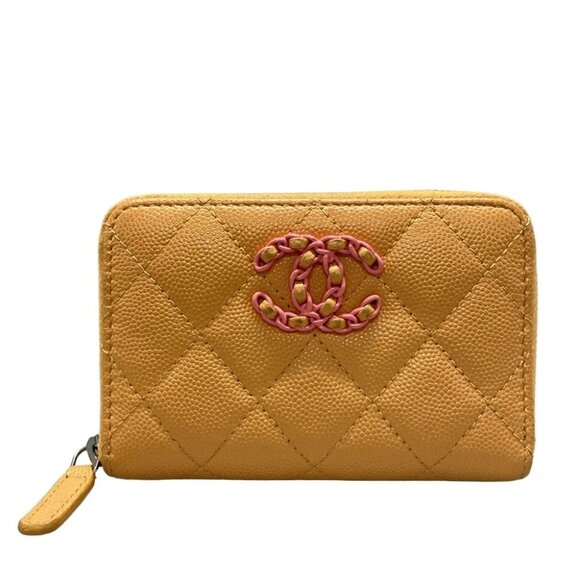 Auth CHANEL CHANEL19/Matelasse AP3716 Orange Grained Calfskin Coin Case - Picture 1 of 11